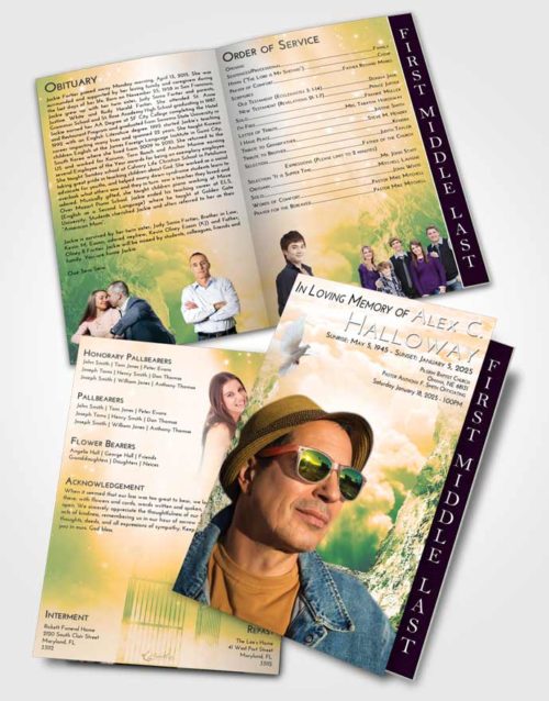 2 Page Graduated Step Fold Funeral Program Template Brochure Emerald Serenity Rocky Gates to Heaven