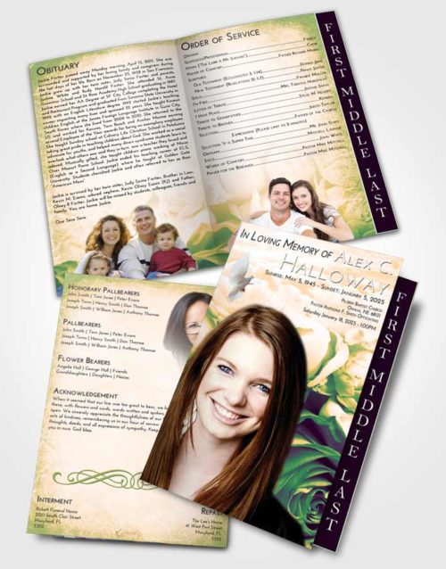 2 Page Graduated Step Fold Funeral Program Template Brochure Emerald Serenity Rose Magic