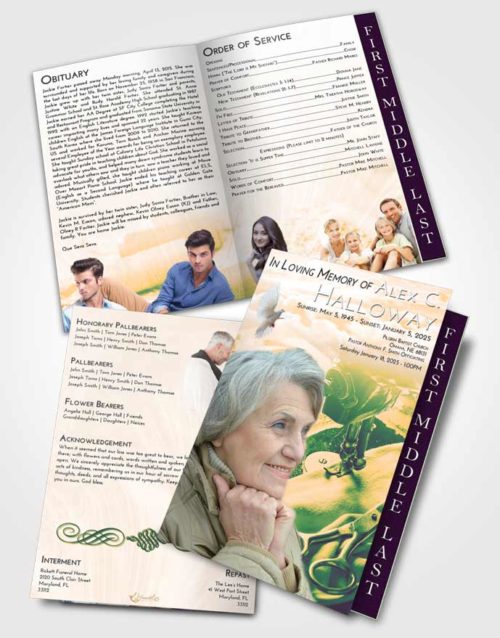 2 Page Graduated Step Fold Funeral Program Template Brochure Emerald Serenity Sewing Love