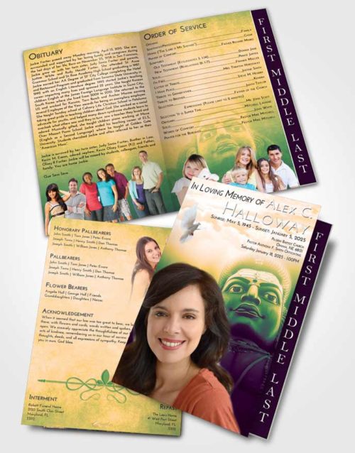 2 Page Graduated Step Fold Funeral Program Template Brochure Emerald Serenity Shiva Surprise