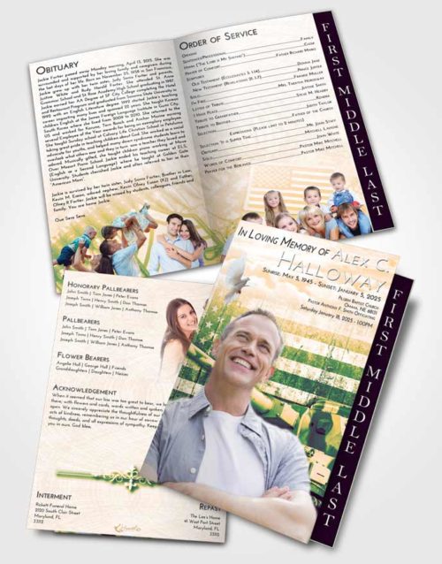 2 Page Graduated Step Fold Funeral Program Template Brochure Emerald Serenity Soldier on Duty