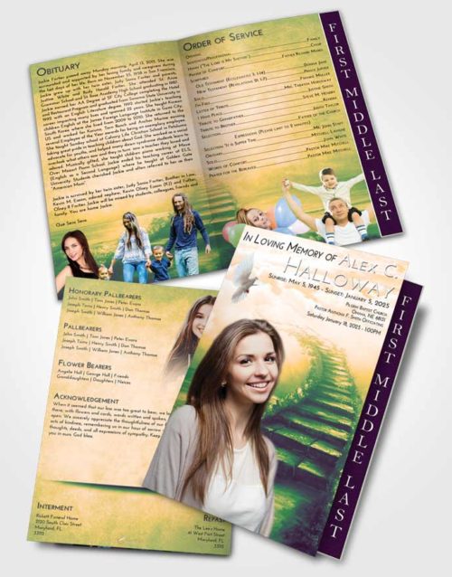 2 Page Graduated Step Fold Funeral Program Template Brochure Emerald Serenity Stairway Above