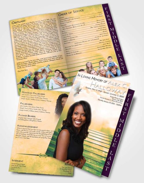 2 Page Graduated Step Fold Funeral Program Template Brochure Emerald Serenity Stairway Into the Sky
