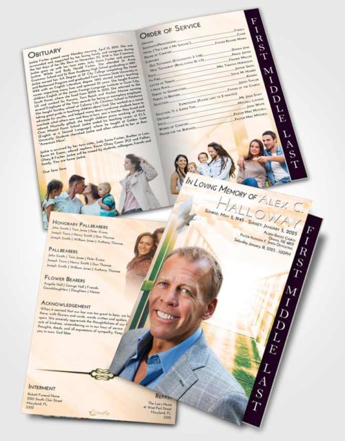 2 Page Graduated Step Fold Funeral Program Template Brochure Emerald Serenity Stairway to Faith