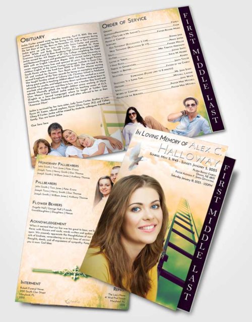 2 Page Graduated Step Fold Funeral Program Template Brochure Emerald Serenity Stairway to Forever
