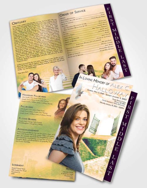 2 Page Graduated Step Fold Funeral Program Template Brochure Emerald Serenity Stairway to the Gates of Heaven