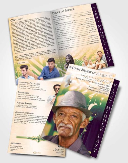 2 Page Graduated Step Fold Funeral Program Template Brochure Emerald Serenity Veterans Goodbye
