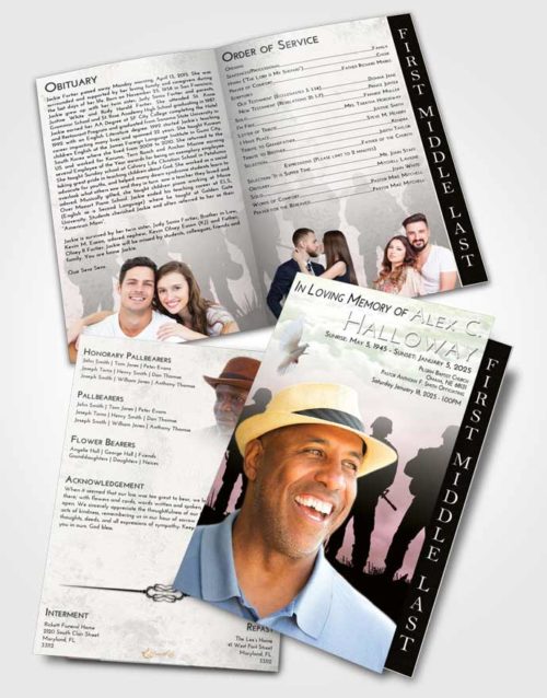 2 Page Graduated Step Fold Funeral Program Template Brochure Emerald Sunrise Army Faith