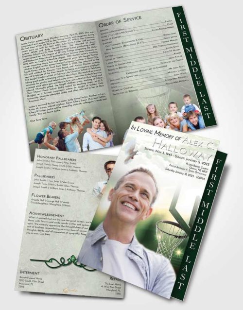 2 Page Graduated Step Fold Funeral Program Template Brochure Emerald Sunrise Basketball Pride