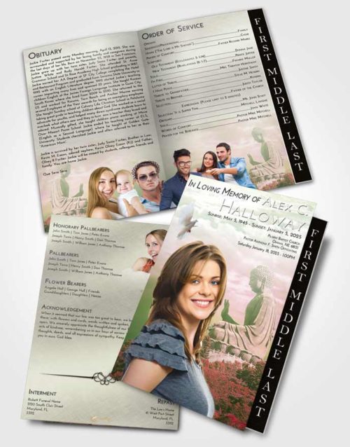 2 Page Graduated Step Fold Funeral Program Template Brochure Emerald Sunrise Buddha Surprise