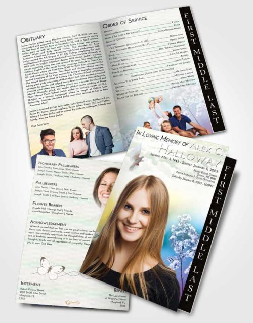 2 Page Graduated Step Fold Funeral Program Template Brochure Emerald Sunrise Colorful Spring