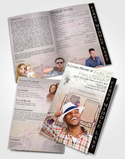 2 Page Graduated Step Fold Funeral Program Template Brochure Emerald Sunrise Dreamy Gates to Heaven