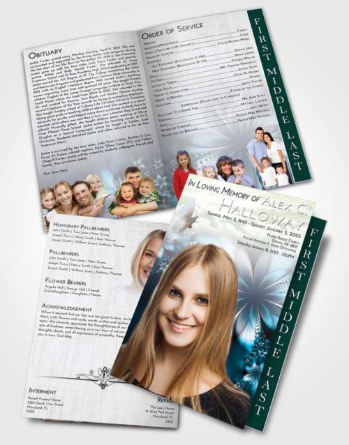 2 Page Graduated Step Fold Funeral Program Template Brochure Emerald Sunrise Floral Lust
