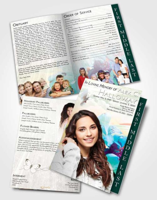 2 Page Graduated Step Fold Funeral Program Template Brochure Emerald Sunrise Floral Magic
