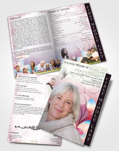 2 Page Graduated Step Fold Funeral Program Template Brochure Emerald Sunrise Floral Peace