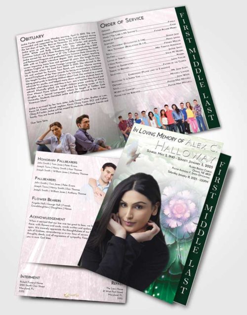 2 Page Graduated Step Fold Funeral Program Template Brochure Emerald Sunrise Floral Secret