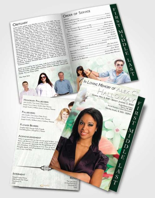 2 Page Graduated Step Fold Funeral Program Template Brochure Emerald Sunrise Floral Serenity