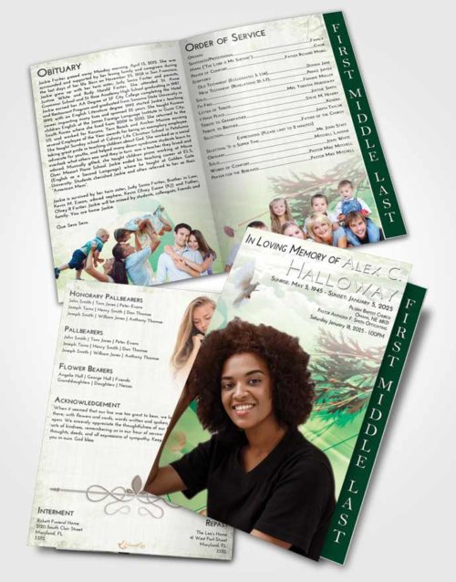 2 Page Graduated Step Fold Funeral Program Template Brochure Emerald Sunrise Floral Style