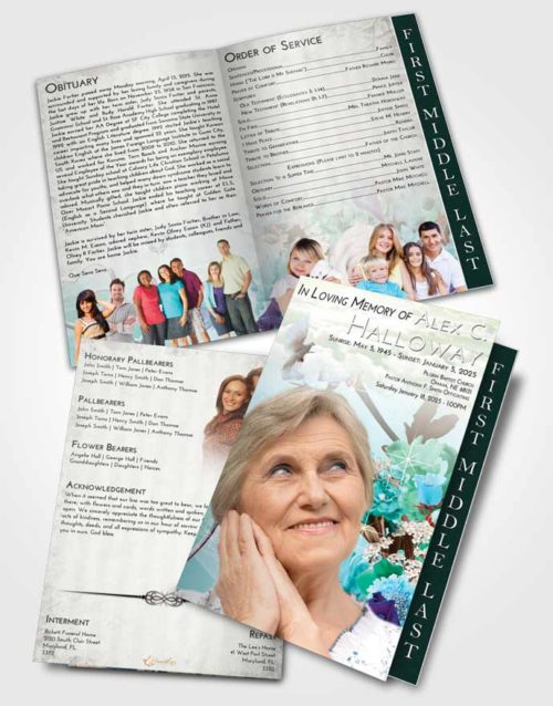 2 Page Graduated Step Fold Funeral Program Template Brochure Emerald Sunrise Floral Wonderland