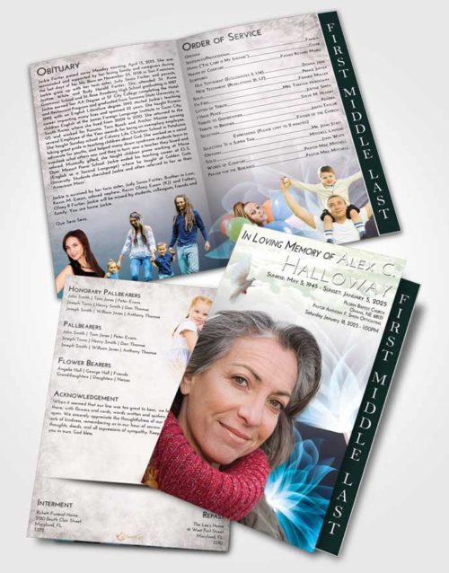 2 Page Graduated Step Fold Funeral Program Template Brochure Emerald Sunrise Flower Peace