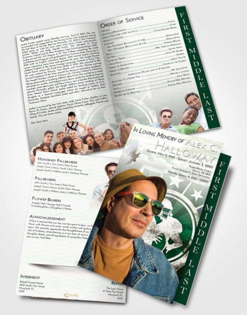 2 Page Graduated Step Fold Funeral Program Template Brochure Emerald Sunrise Football Surprise