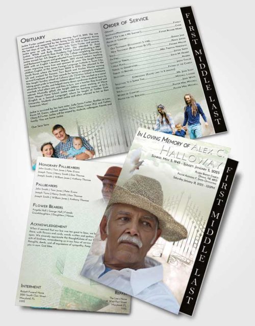 2 Page Graduated Step Fold Funeral Program Template Brochure Emerald Sunrise Gates to Heaven