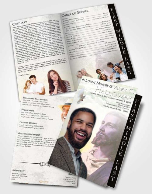 2 Page Graduated Step Fold Funeral Program Template Brochure Emerald Sunrise Gaze of Jesus