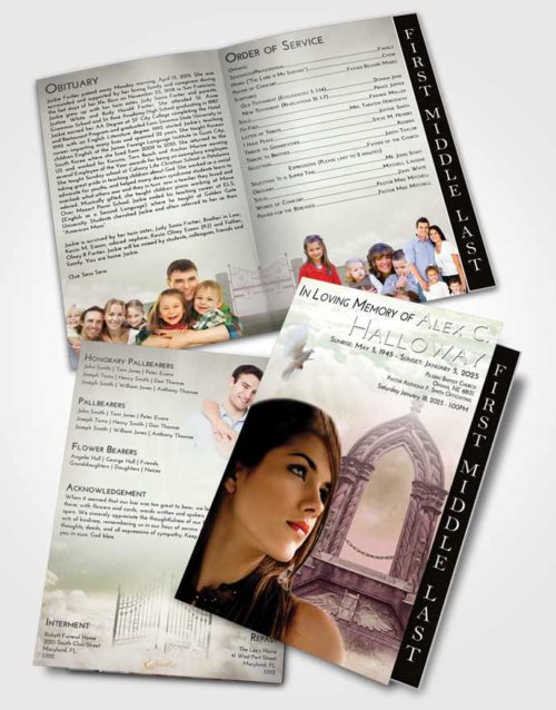 2 Page Graduated Step Fold Funeral Program Template Brochure Emerald Sunrise Heavens Path