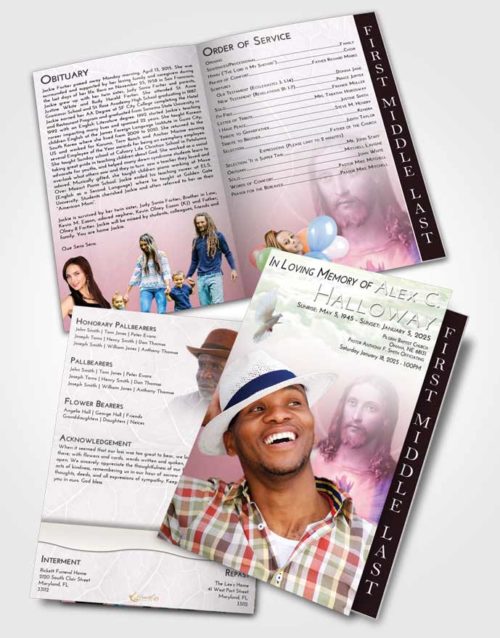 2 Page Graduated Step Fold Funeral Program Template Brochure Emerald Sunrise Jesus Love
