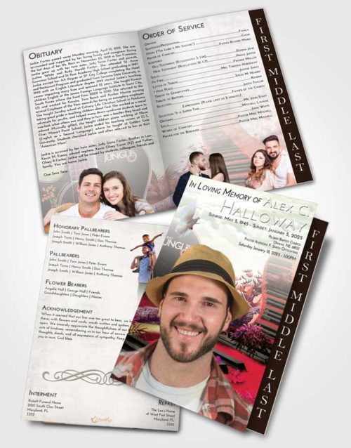 2 Page Graduated Step Fold Funeral Program Template Brochure Emerald Sunrise Jungle Music