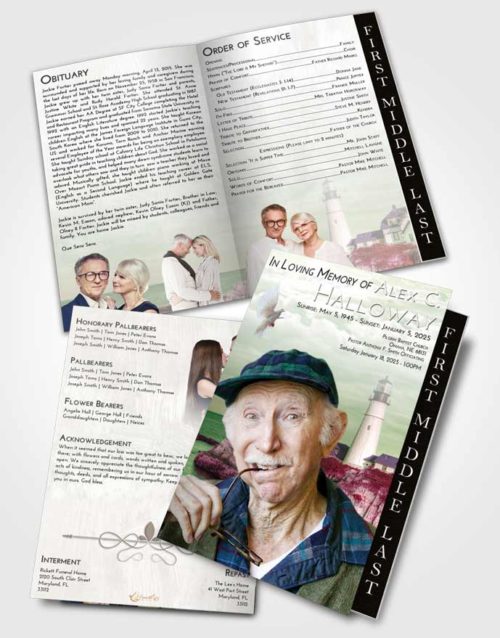 2 Page Graduated Step Fold Funeral Program Template Brochure Emerald Sunrise Lighthouse Journey