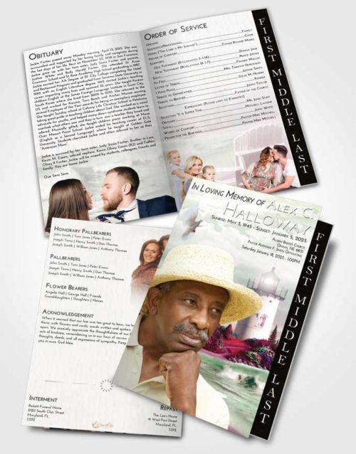 2 Page Graduated Step Fold Funeral Program Template Brochure Emerald Sunrise Lighthouse Laughter