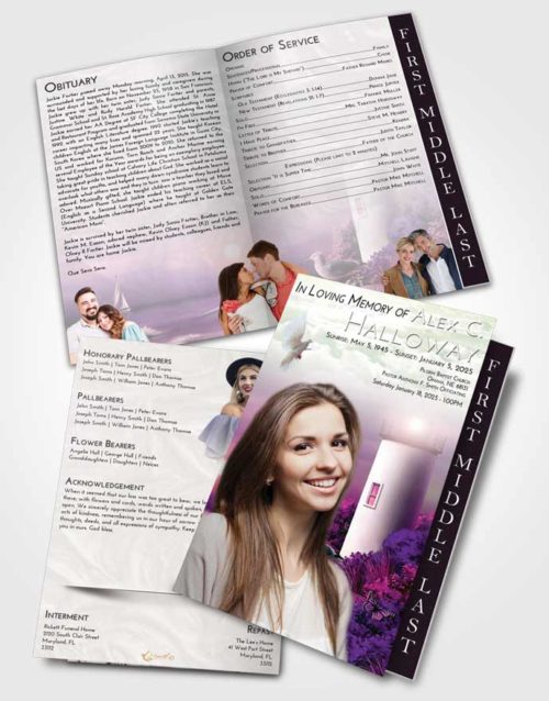 2 Page Graduated Step Fold Funeral Program Template Brochure Emerald Sunrise Lighthouse Mystery