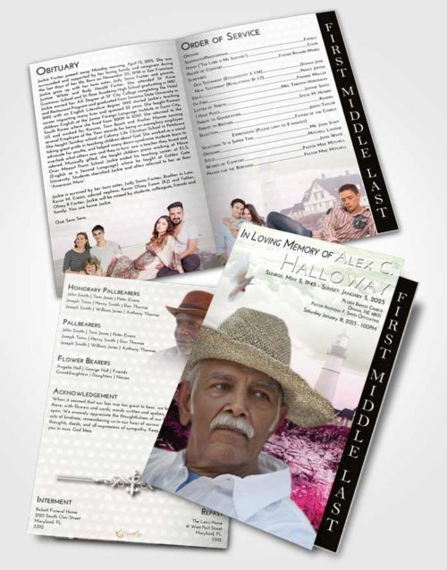 2 Page Graduated Step Fold Funeral Program Template Brochure Emerald Sunrise Lighthouse Secret