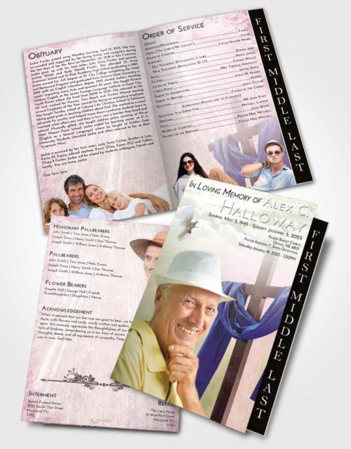 2 Page Graduated Step Fold Funeral Program Template Brochure Emerald Sunrise Loving Cross