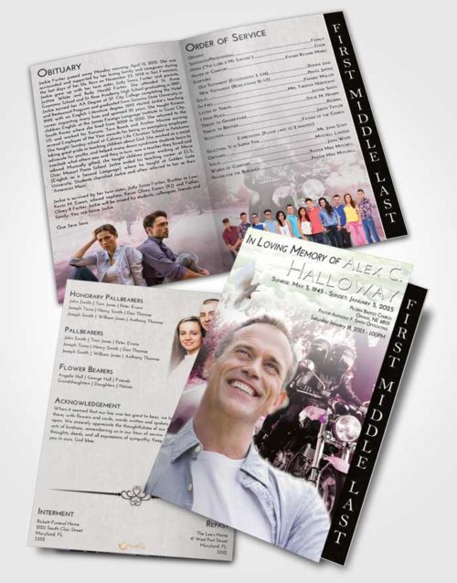 2 Page Graduated Step Fold Funeral Program Template Brochure Emerald Sunrise Motorcycle Days