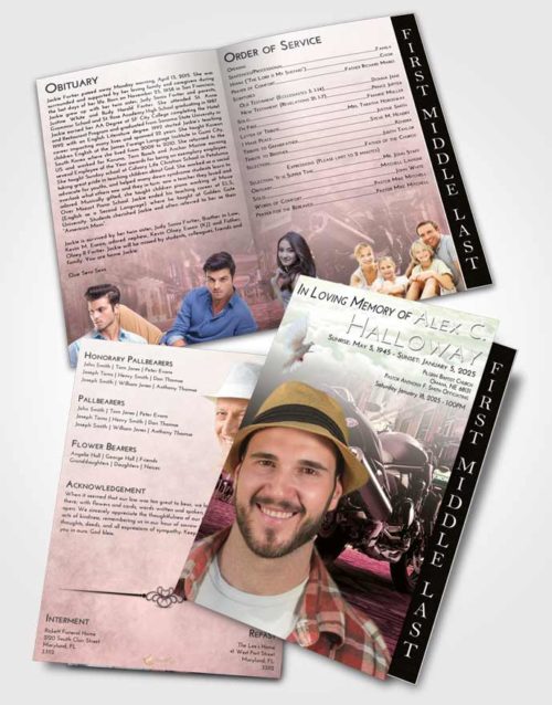 2 Page Graduated Step Fold Funeral Program Template Brochure Emerald Sunrise Motorcycle Dreams