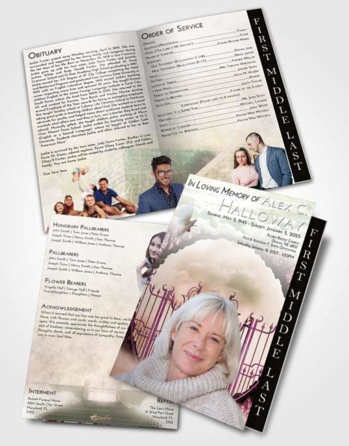 2 Page Graduated Step Fold Funeral Program Template Brochure Emerald Sunrise Mystical Gates of Heaven