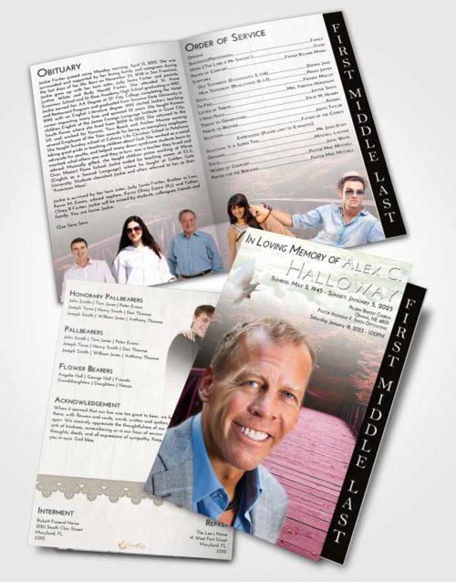 2 Page Graduated Step Fold Funeral Program Template Brochure Emerald Sunrise Nature Bridge Walk