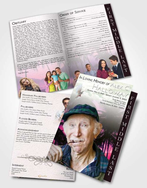 2 Page Graduated Step Fold Funeral Program Template Brochure Emerald Sunrise Palm Paradise