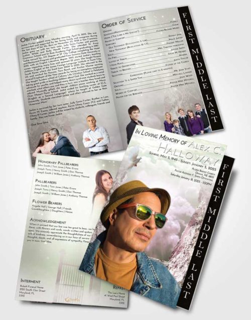 2 Page Graduated Step Fold Funeral Program Template Brochure Emerald Sunrise Rocky Gates to Heaven