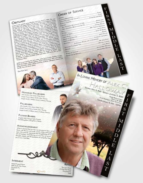 2 Page Graduated Step Fold Funeral Program Template Brochure Emerald Sunrise Scenic Sky