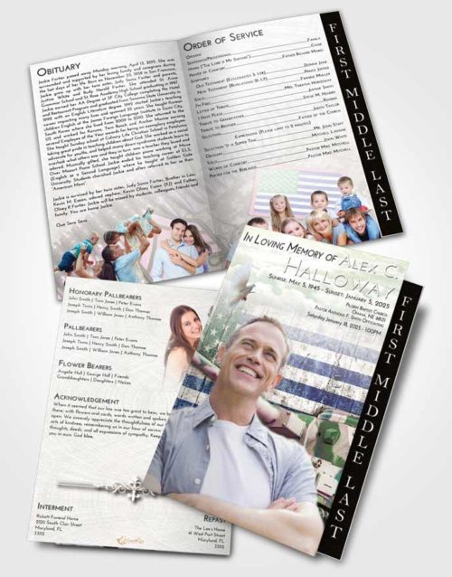 2 Page Graduated Step Fold Funeral Program Template Brochure Emerald Sunrise Soldier on Duty