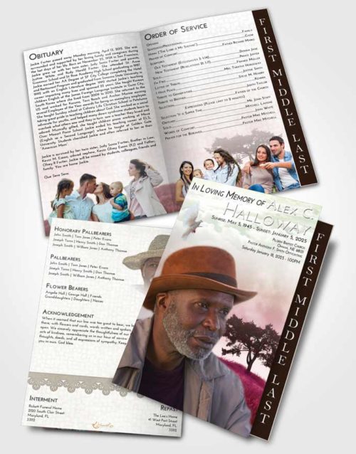 2 Page Graduated Step Fold Funeral Program Template Brochure Emerald Sunrise Solumn Tree