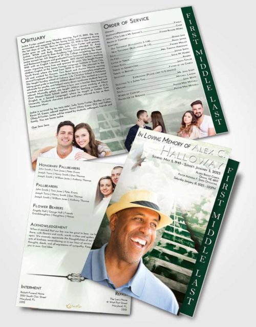 2 Page Graduated Step Fold Funeral Program Template Brochure Emerald Sunrise Stairway for the Soul