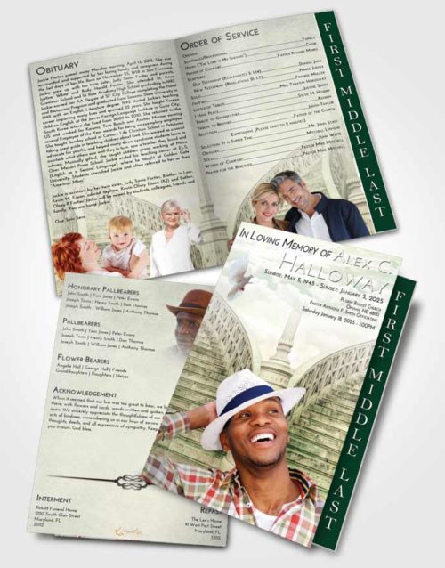 2 Page Graduated Step Fold Funeral Program Template Brochure Emerald Sunrise Stairway of Love