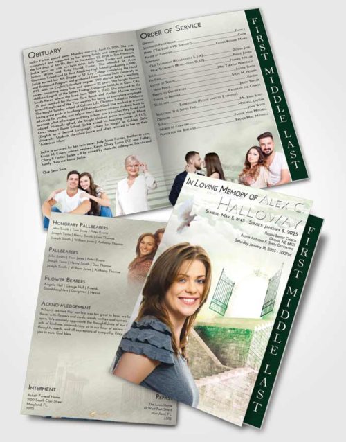 2 Page Graduated Step Fold Funeral Program Template Brochure Emerald Sunrise Stairway to the Gates of Heaven