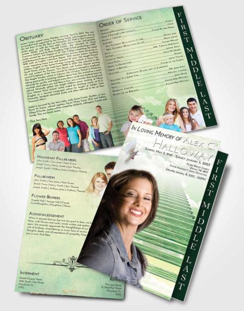 2 Page Graduated Step Fold Funeral Program Template Brochure Emerald Sunrise Steps to Heaven