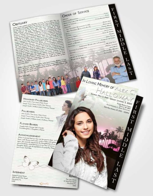 2 Page Graduated Step Fold Funeral Program Template Brochure Emerald Sunrise Summer Palms