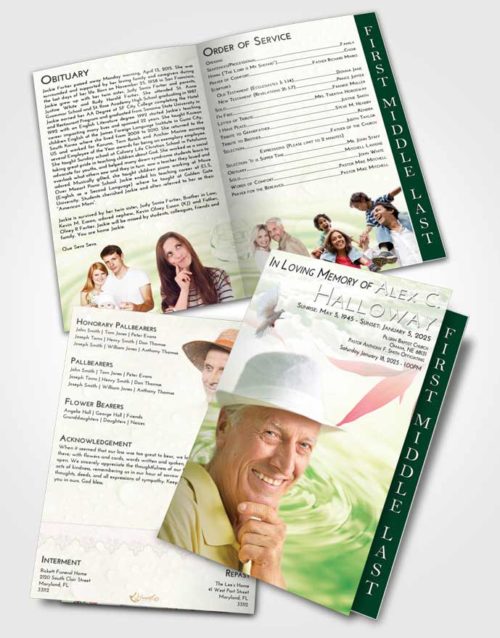 2 Page Graduated Step Fold Funeral Program Template Brochure Emerald Sunrise Water Droplet